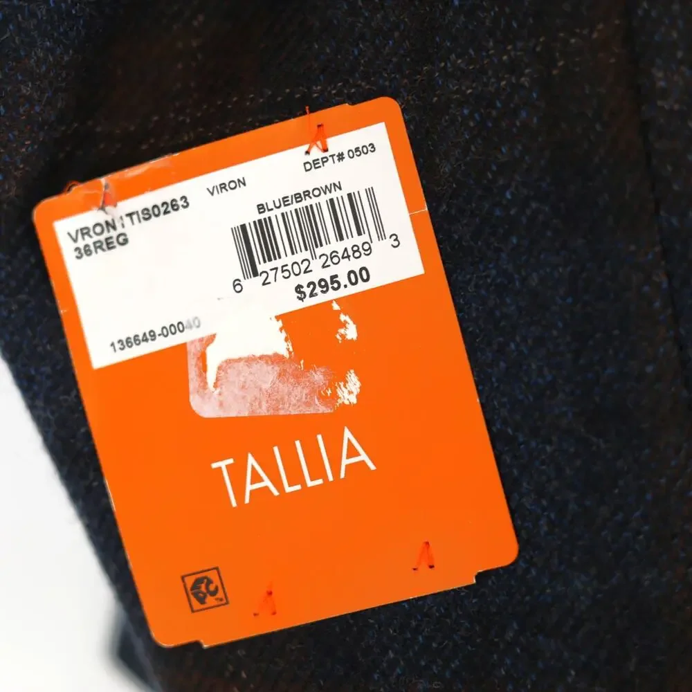Tallia Men's Blue/Brown Classic Plaid Wool Blend Slim-Fit Sport Coat Size 36R